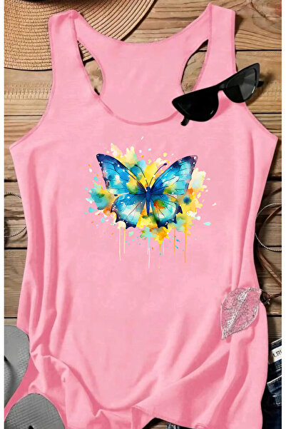 SUNFREE Colorful Butterfly B Printed Women's Sleeveless Swimmer Athlete Tshirt