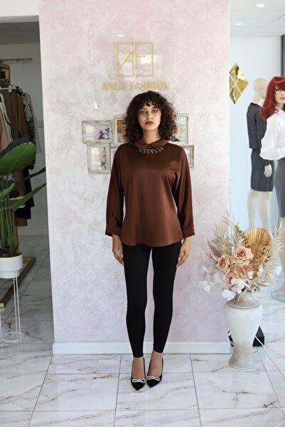Angy Fashion "Chic Caramel" Satin Shirt with Jewelry Detail on the ...