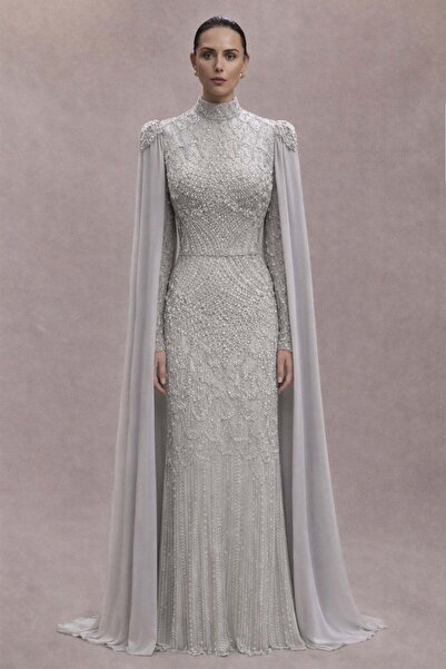 Olcay Boncuk ve İnci Bezeli Pelerin Detaylı Exclusive Tesettür Abiye Elbise T...