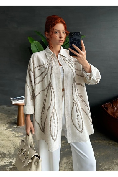 MAMAYAGA Long Sleeve Cotton Pack Stylish Oversized Embroidered Curve Linen Sh...