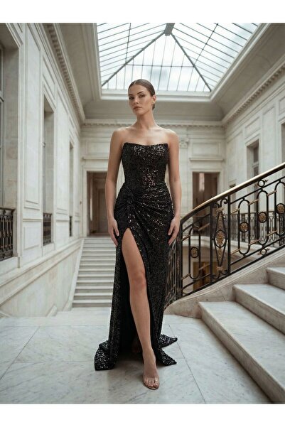 OLA Glam Straplez Full Payetli Yırtmaçlı Abiye Elbise