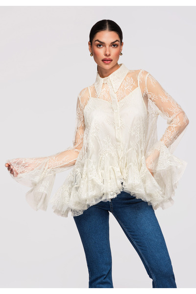 OMBRE Femei Cămașă Dantelă Elegantă OW-SH-E0003 Bej