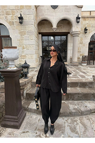 kırmızı butiks Μαύρο Πουκάμισο Modal και Παντελόνι - Σετ Δύο Τεμαχίων