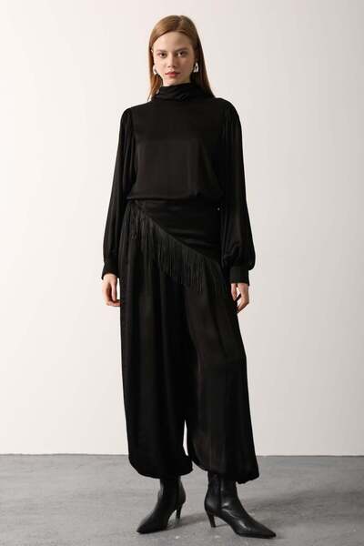 Maxi modena Black Satin Shawl Detailed Blouse and Pants Set