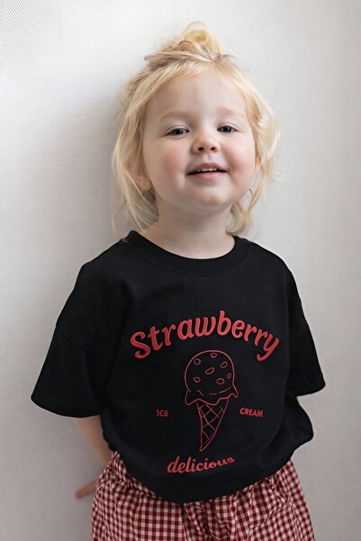 E-ROMA تي شيرت للأطفال كبير الحجم مطبوع عليه آيس كريم الفراولة 1GH6