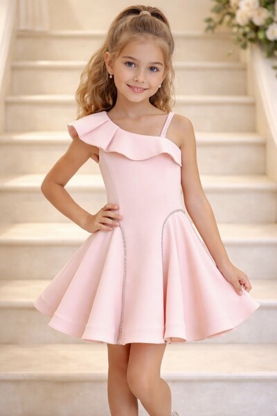 Erkut Kız Çocuk Pudra Renk Krep Kumaş Kısa Abiye Elbise