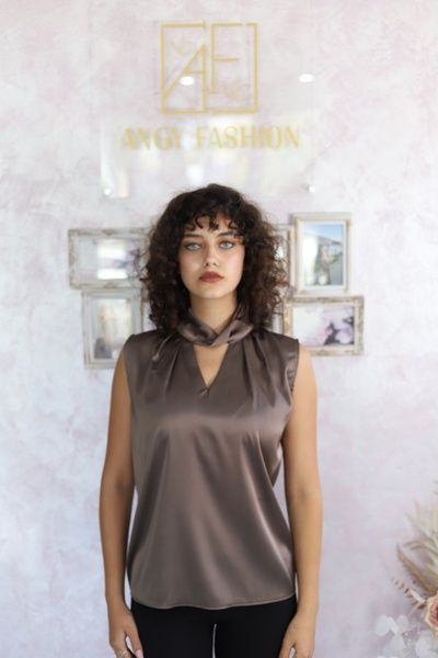 Angy Fashion "Mocha Glow" Satin Top with Draped Collar Size: 36