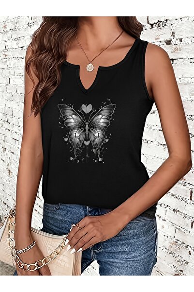 Deocept Γυναικείο μπλουζάκι Butterfly με τύπωμα με μισό V-λαιμόκοψη, αμάνικο,...