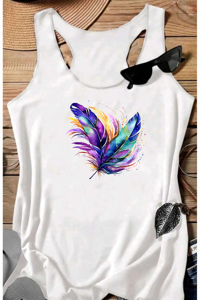 SUNFREE COLORFUL FEATHER B cu imprimeu Tricou pentru femei, fără mâneci, pent...