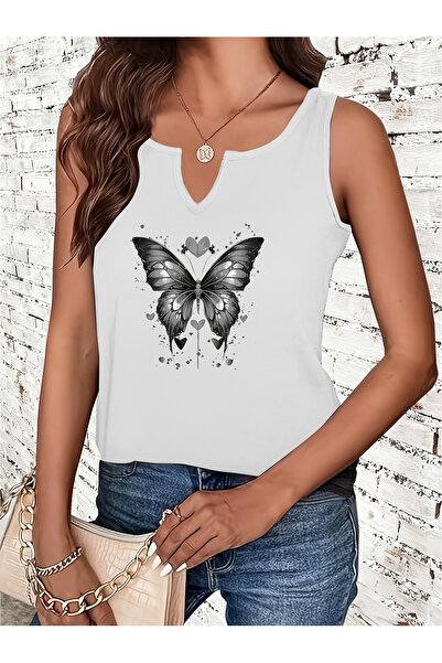Deocept Γυναικείο μπλουζάκι Butterfly με τύπωμα με μισό V-λαιμόκοψη, αμάνικο,...