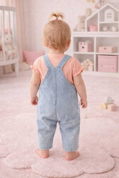 BEBEXO KIDS Colorful Floral Embroidered Denim Look 2-Piece Girls Salopet Set 6-9/9-12/12-18/18-24 Months