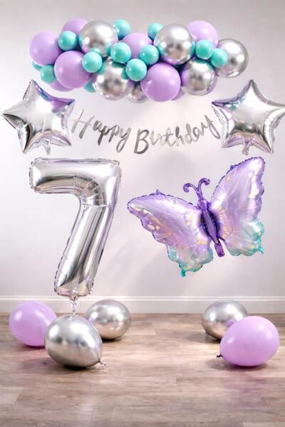 Patladı Gitti Lilac Butterfly Themed 7Th Birthday Balloon Decoration Set – Li...