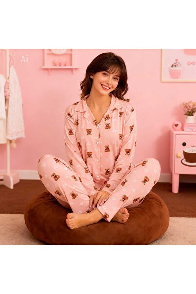 NiCe İç Giyim Pink Color Teddy Bear & Heart Pattern Shirt Collar Buttons Mila...