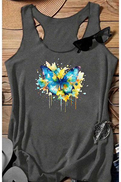 SUNFREE Colorful Butterfly B Printed Women's Sleeveless Swimmer Athlete Tshirt