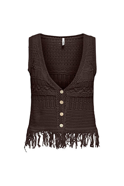 ONLY Kahverengi Kadın V Yaka Normal Fit Örgü Şişme Yelek ONLALIX SL FRINGE WA...