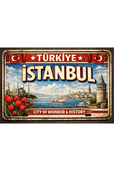 Sav Moda 34 İstanbul şehir tablosu, Mdf Ahşap retro vintage plaka görünümlü t...