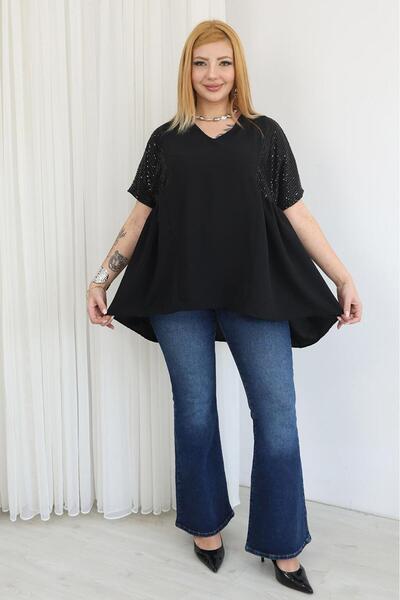 Siyezen Plus Size Sequin Embroidered Side Detail P Pleated Blouse