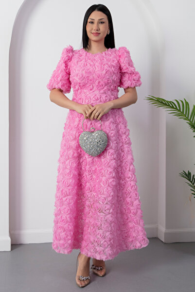 PULLIMM guler rotund Rochie cu mâneci balon și trandafiri tul GRS3876