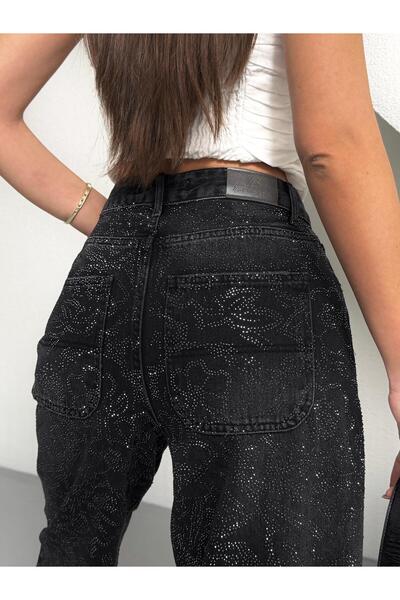 Vooz Kadın Taşlı Skater Fit Jean Yüksek Bel Bol Paça Wide Leg Pantolon Çiçek ...