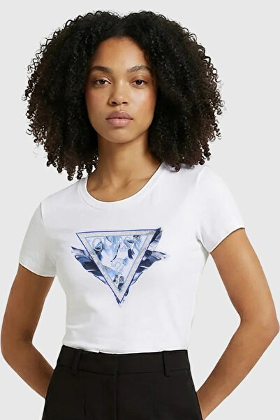 Guess Short Sleeve Crew Neck Feathered Triangle Women's White T-Shirt W6Gi11K...