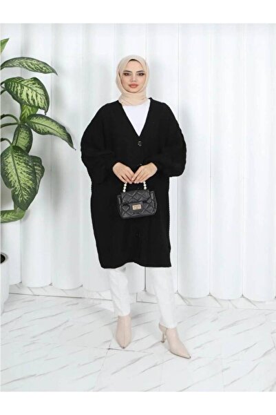 Modaroma Чорний плетений кардиган з рукавами-балонами