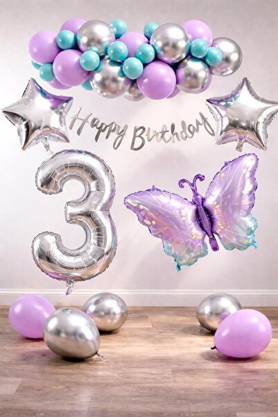 Patladı Gitti Lilac Butterfly Themed 3Rd Birthday Balloon Decoration Set – Li...