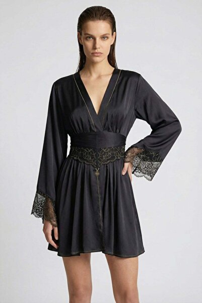 Feu De Elu Brigette Black Gold Detailed Lace Detailed Short Satin Dressing Go...