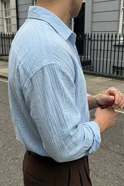 Livio Ferri Yurin Erkek Premium Müslin %100 Pamuk Oversize Mavi Uzun Kollu Gömlek