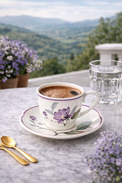 COCEM Set of 2 Purple Floral Porcelain Coffee Cups Stylish Presentation