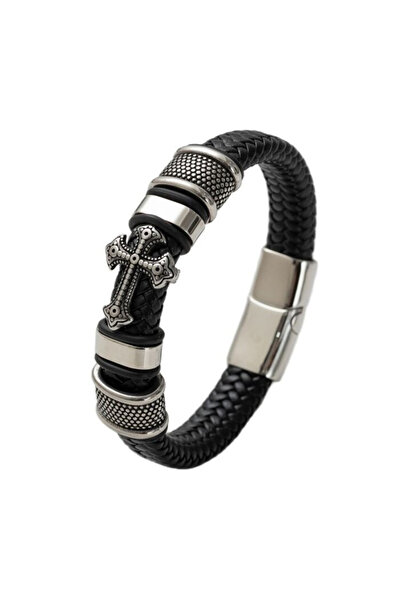 EFAYN.RO Men's bracelet, cross accessory and metal details, fixed size, silve...