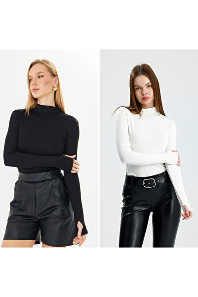 de zuzuu fashion Kadın 2'li Parmak Detaylı Body Parmak Geçmeli Body Uzun Koll...