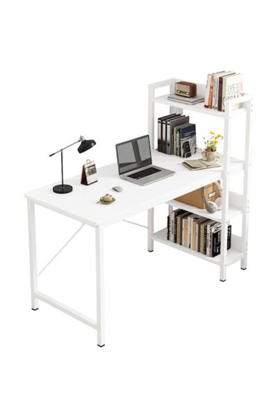 BADU Desk with Library, Modern, Loft, White, 110x120x55 cm, MDF
