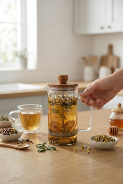 Poomy 350 Ml Bambu Kapaklı Borosilikat Cam French Press - Filtre Kahve Ve Bit...