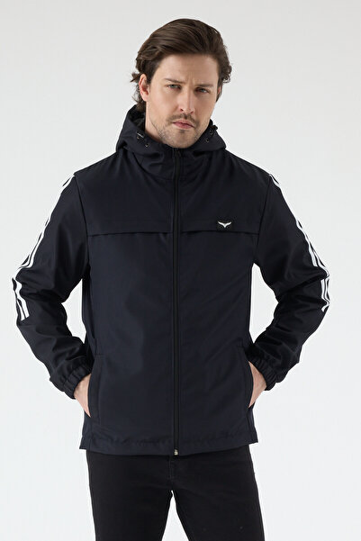 LEVEL HİGH Men's Sports Raincoat Navy Blue – Hooded , White Striped Detail , ...