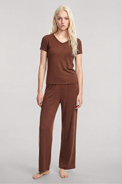 Akbeniz V-Neck Soft Textured Pajama Set Coffee