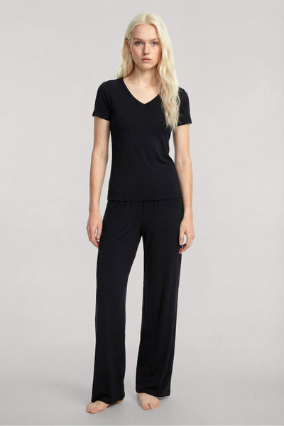 Akbeniz Σετ πιτζάμες με λαιμόκοψη V και απαλή υφή, μαύρο