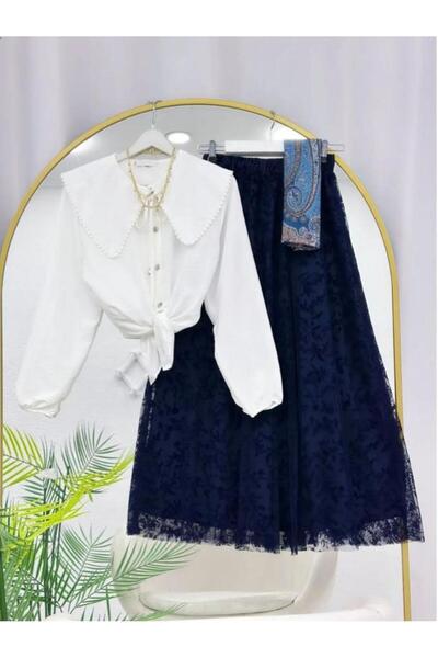 VOLT CLOTHİNG Eyelet Embroidery Shirt Lace Detailed Tulle Skirt Set