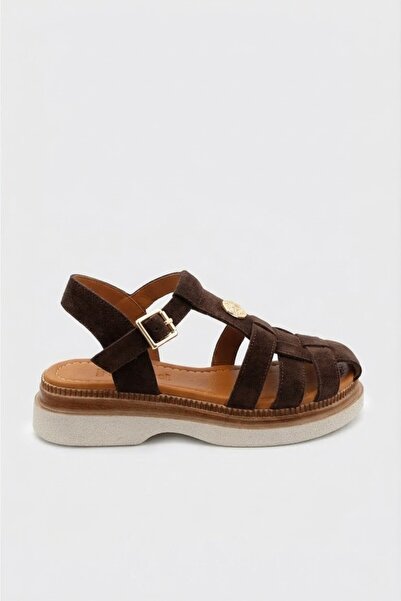 Deripabuc Γυναικεία δερμάτινα σανδάλια από γνήσιο δέρμα καφέ σουέντ DP81-0870