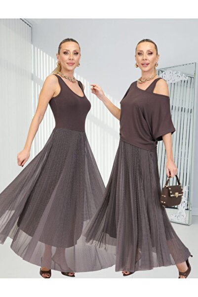 QİMYA BUTİK Buketli̇ Women's Sleeveless Skirt Pu Polka Dot Two-Piece Dress wi...