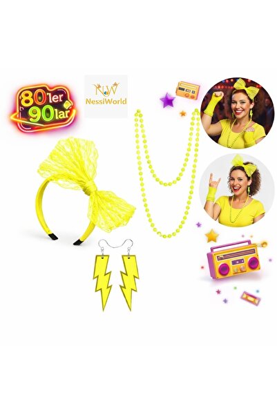 NW NessiWorld 80S 90S Neon Yellow Party Set – Necklace Earrings Crown
