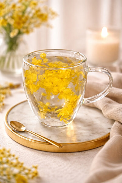 MAKRİ HOME Yellow Floral Double Walled Glass Mug, 350 Ml, 11 cm X 8 cm