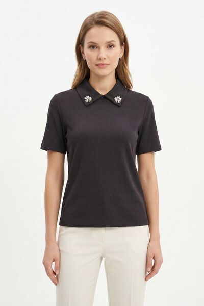 Rays Μπλουζάκι με μαύρο γιακά και πέτρες, κοντομάνικο 6294