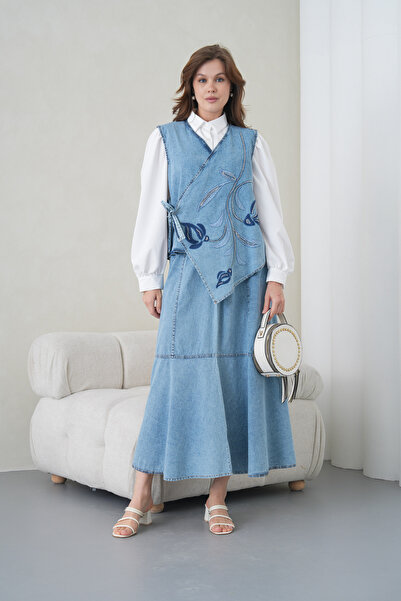 Miss Allos Women's Side-Tie Bead Embroidered Wide Fit Jeans Vest and Denim Sk...