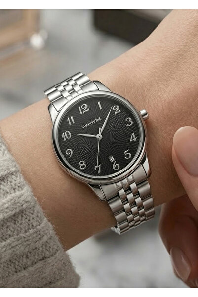 Chaperone Women's Silver Metal Cord Black Dial Calendar Wrist Watch 2 Years W...