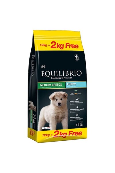 Equilibrio Hrana uscata pentru caini Junior, Talie Medie, 12 + 2kg