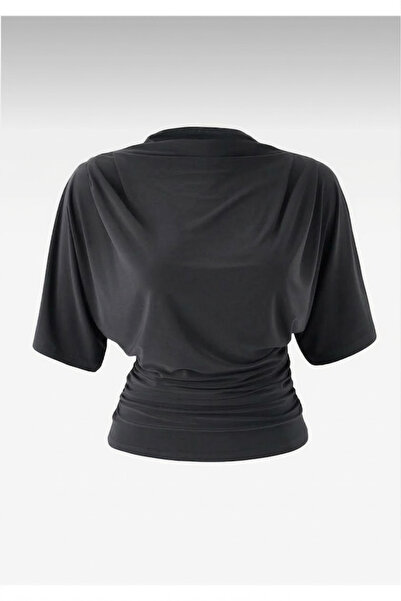 World Fashion Trends Anthracite Beli B Ruched Body-Fitting Bat Sleeve E Stret...