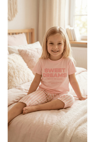 vitmo Комплект пижама с къси ръкави за момичета, 100% памук, капри, Sweet Dreams