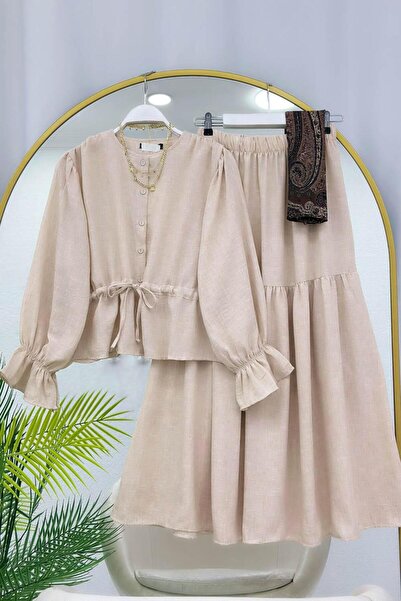 VOLT CLOTHİNG Linen Beli B Ruched Skirt Suit