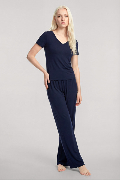 Akbeniz Σετ πιτζάμες με λαιμόκοψη V και απαλή υφή, σε μπλε ναυτικό