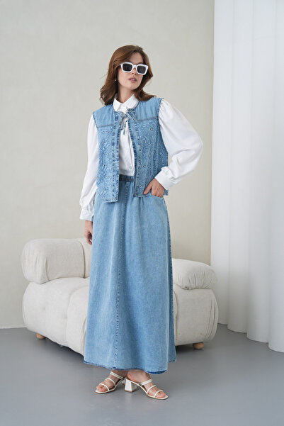 Miss Allos Women's Collarless Tie-Detail Wide Fit Jeans with Embroidery on th...